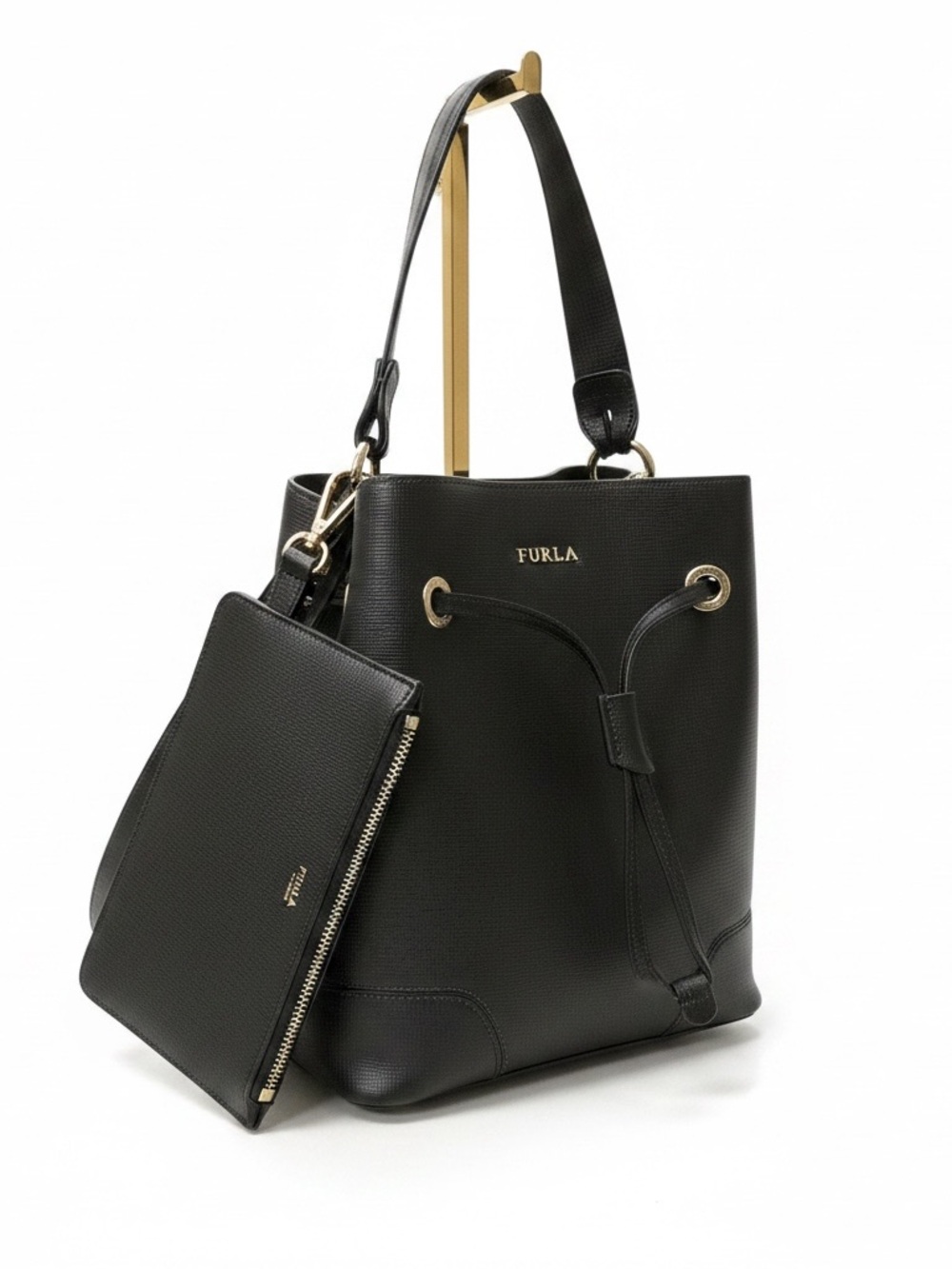 Furla Black Leather Bucket Bag with Pouch and Crossbody Strap